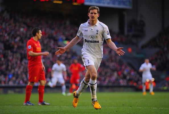 LIVERPOOL, ENGLAND - MARCH 10: Jan Vertonghen of Tottenham celebrates scoring to make it 2-1 during the Barclays Premier League match between Liverpool and Tottenham Hotspurs at Anfield on March 10, 2013 in Liverpool, England. (Photo by Michael Regan/Getty Images)
